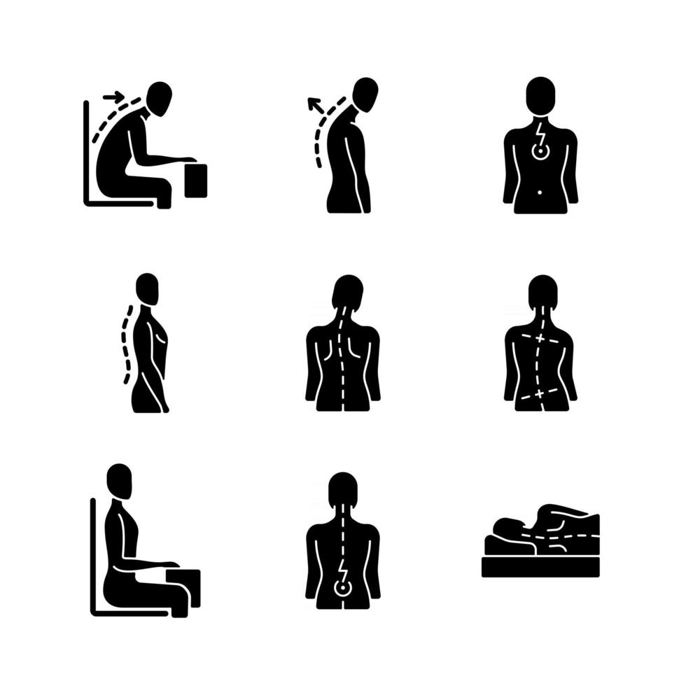 Back and posture problems black glyph icons set on white space vector