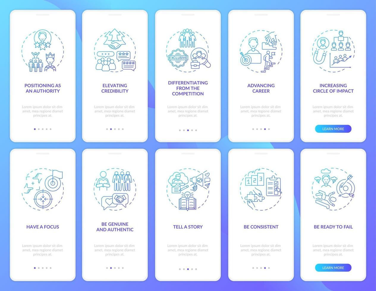 Personal branding blue onboarding mobile app page screen with concepts set vector