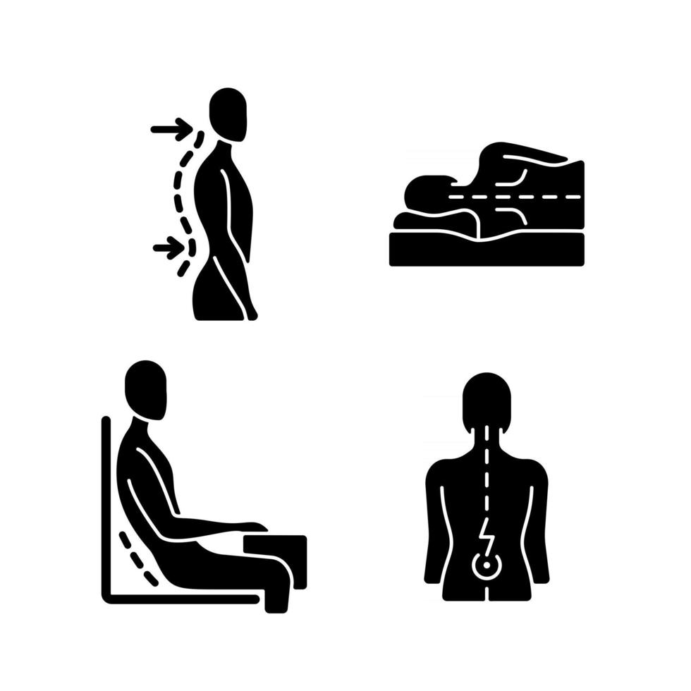 disfunción postural iconos de glifos negros en espacio en blanco vector