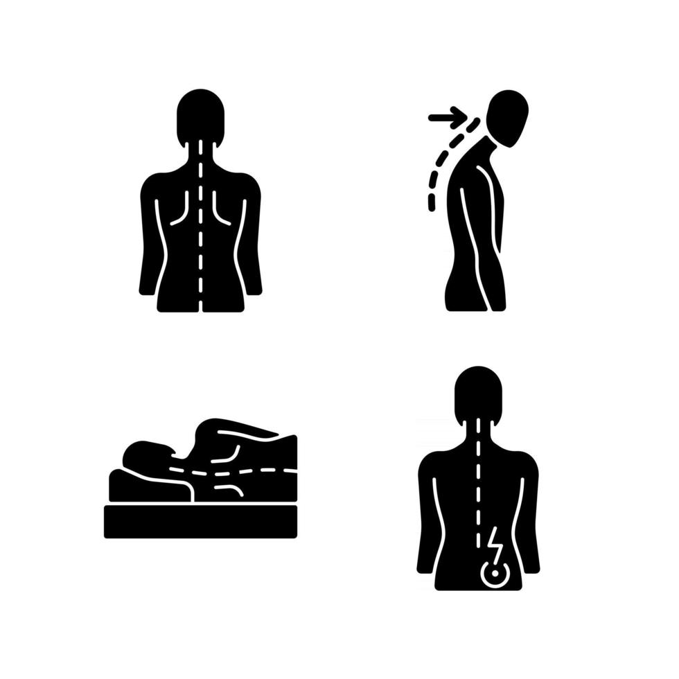 Poor posture problems black glyph icons set on white space vector