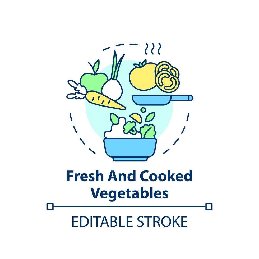 icono de concepto de verduras frescas y cocidas vector