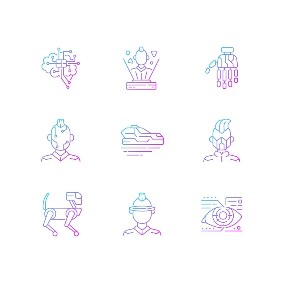 Cyberpunk attributes gradient linear vector icons set