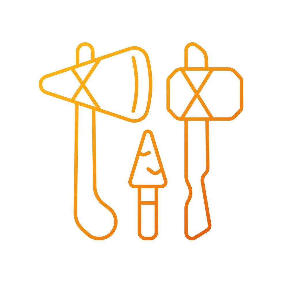 Stone age weapons gradient linear vector icon. Hand axes, scrapers. Hunting, cutting up meat. Spears and arrows. Thin line color symbols. Modern style pictogram. Vector isolated outline drawing