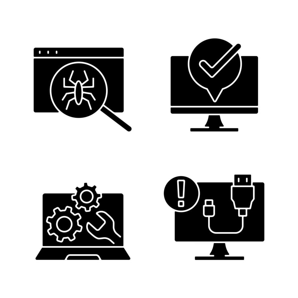 iconos de glifos negros de diagnóstico informático en espacio en blanco. mantenimiento de portátiles. búsqueda de virus. desconexión del cable USB. Problema de conexión. símbolos de silueta. vector ilustración aislada