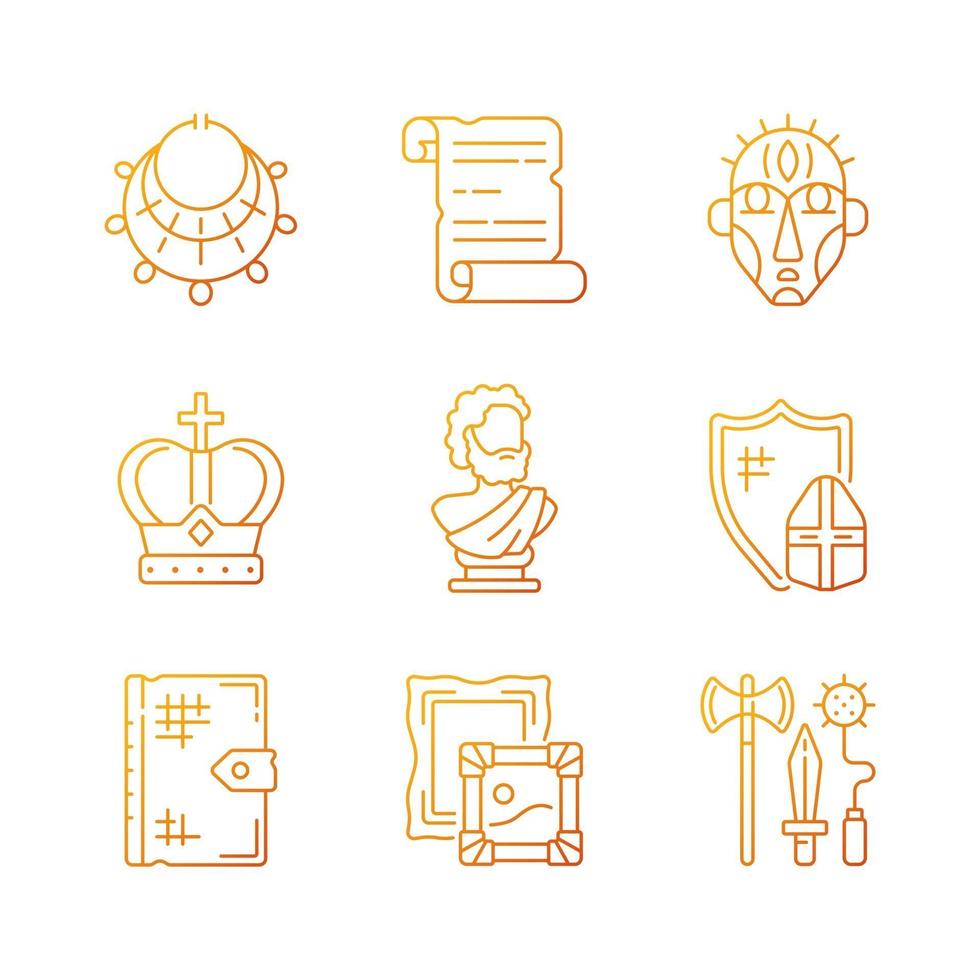 Download Museum exhibitions gradient linear vector icons set. Ancient jewelry. Historical manuscript ...