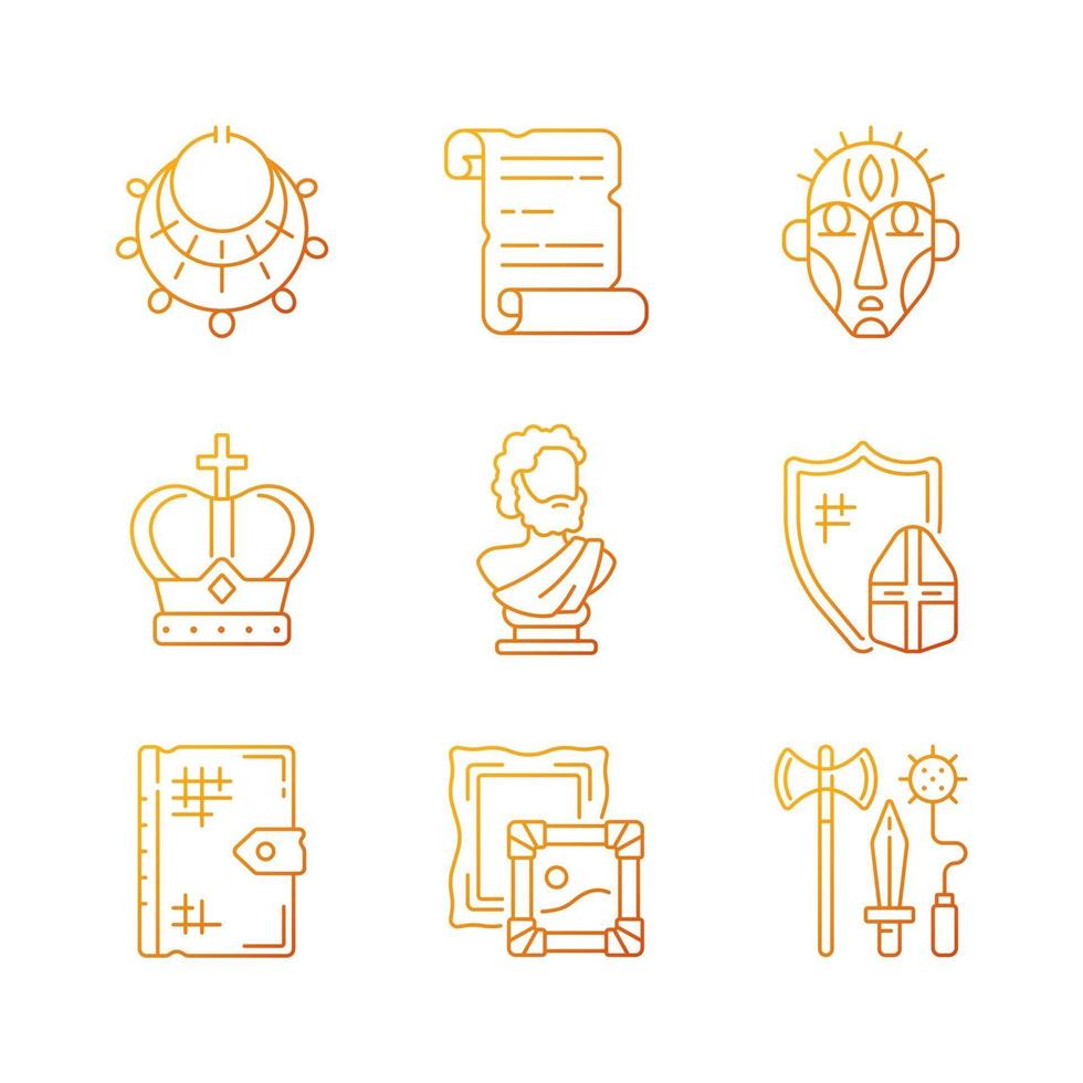 Museum exhibitions gradient linear vector icons set. Ancient jewelry. Historical manuscript. Royal crown. Thin line contour symbols bundle. Isolated vector outline illustrations collection