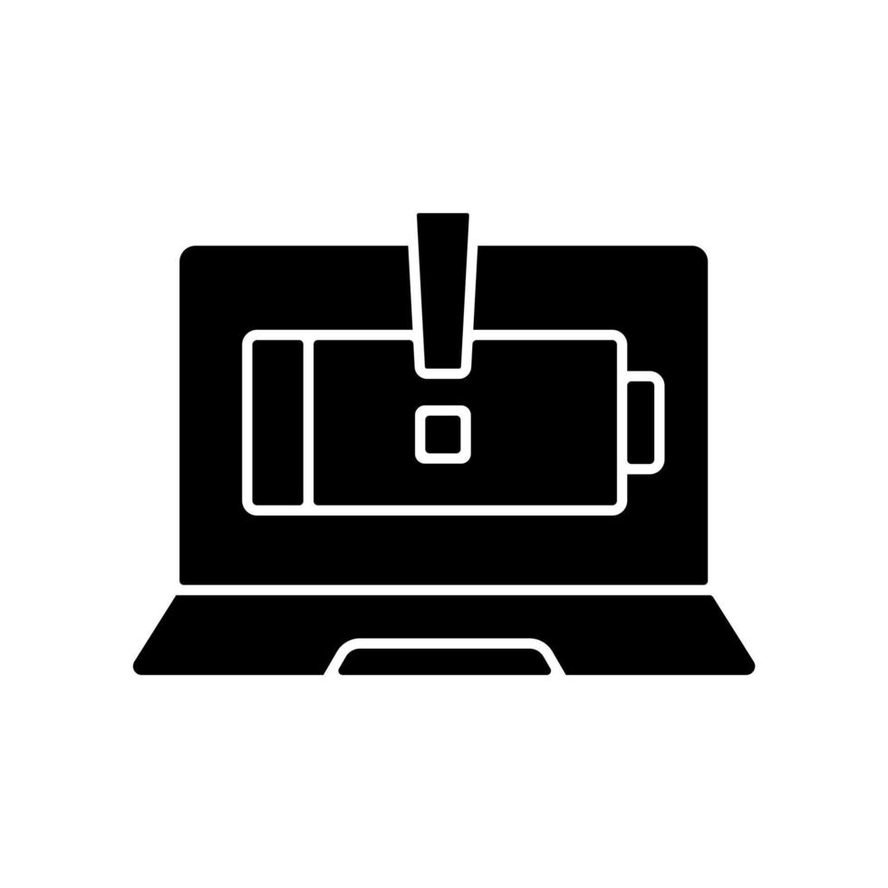 Computer does not charge black glyph icon. Broken notebook battery. Electricity supply issue. Repair service. Laptop problems symptom. Silhouette symbol on white space. Vector isolated illustration