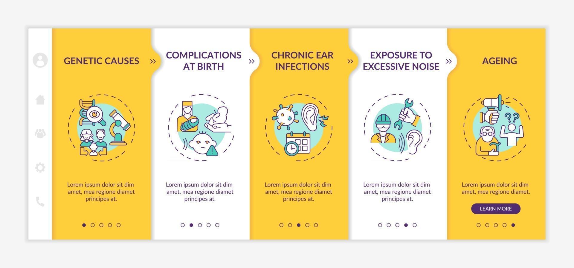 Hearing loss factors onboarding vector template. Responsive mobile website with icons. Web page walkthrough 5 step screens. Genetic causes, chronic infections color concept with linear illustrations