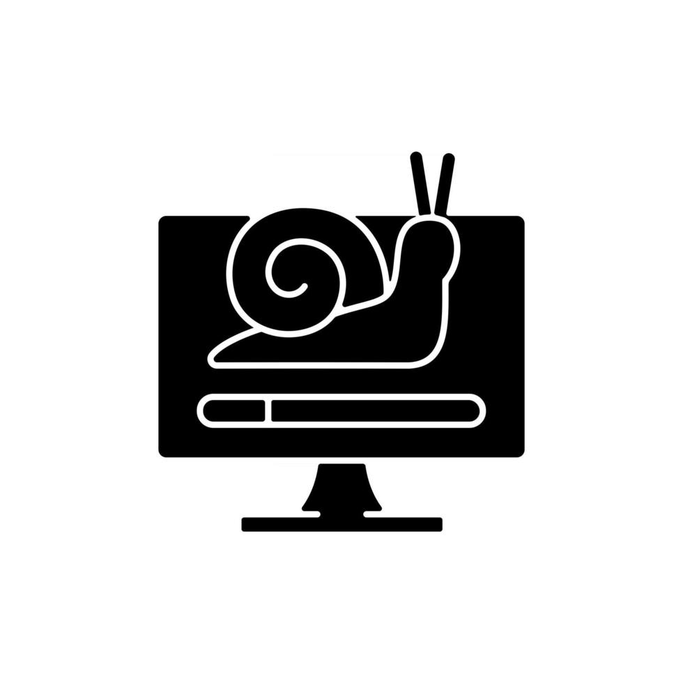 Slow computer black glyph icon. Waiting for loading. Connecting to network, issue with internet traffic. Slow download and processing. Silhouette symbol on white space. Vector isolated illustration