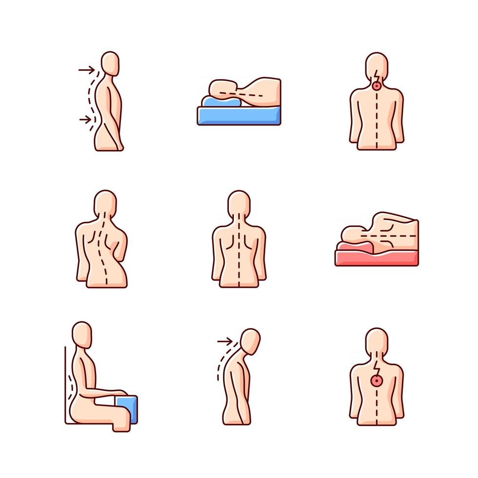 Back and posture problems RGB color icons set. Lumbar lordosis. Incorrect sleeping position. Neck pain. Sideways curve. Spine natural curvature. Sitting up straight. Isolated vector illustrations