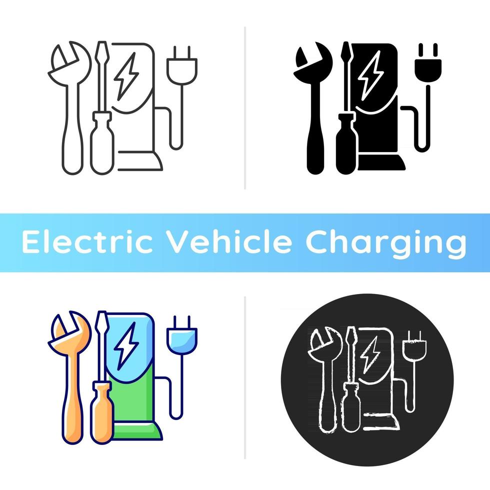 Charging station maintenance icon. Fixing electronic vehicle charging place. Dealing with electricity fuel. Charge process. Linear black and RGB color styles. Isolated vector illustrations