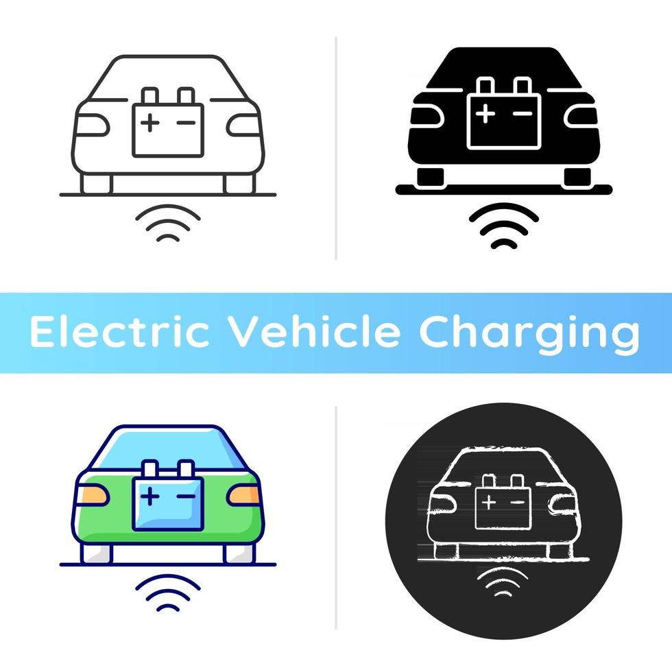 Wireless EV charging icon. Fueling electromobile without cable usage. Modern futuristic charging stations technologies. Linear black and RGB color styles. Isolated vector illustrations