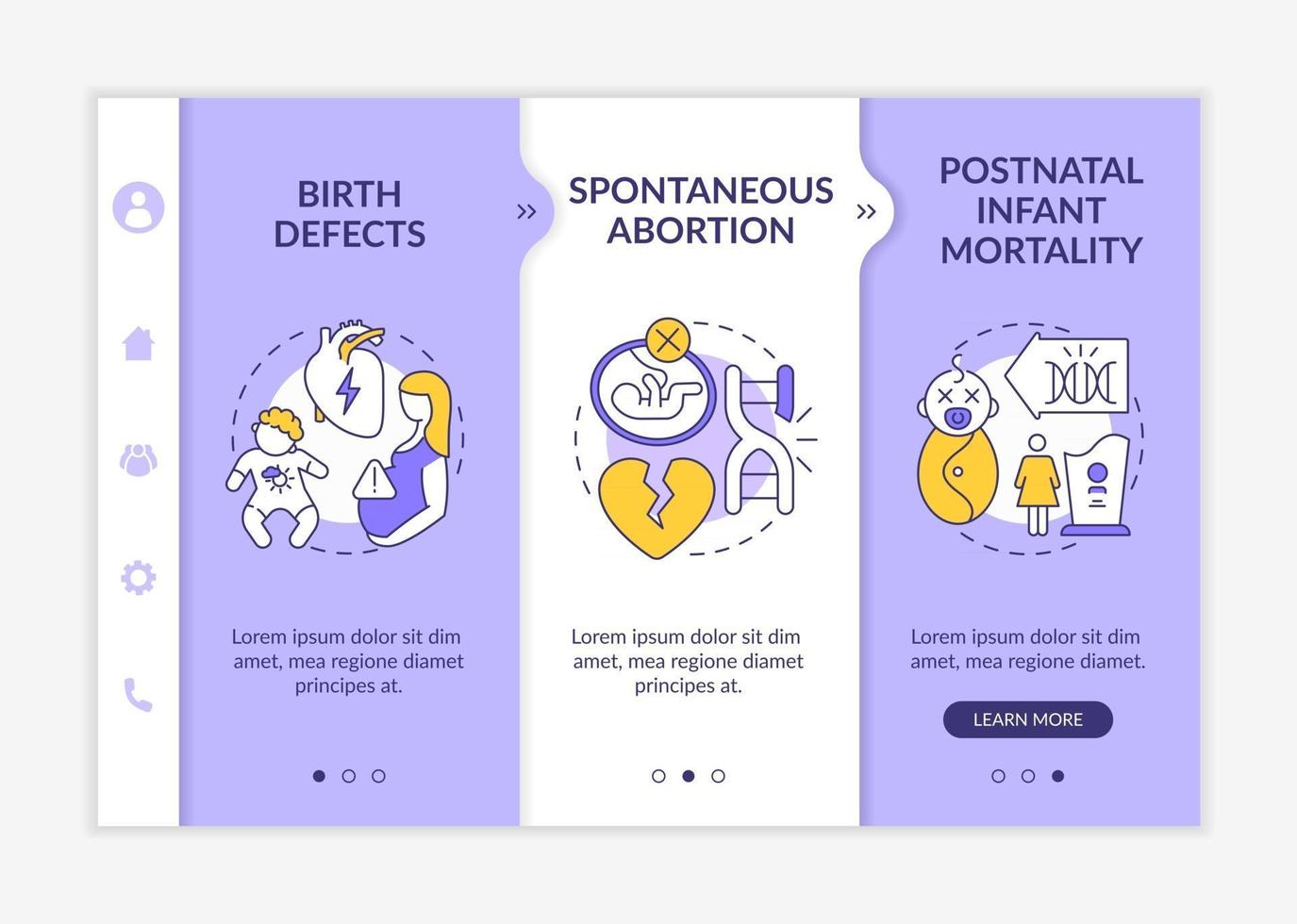 Genetic defects onboarding vector template. Responsive mobile website with icons. Web page walkthrough 3 step screens. Childbirth health issues color concept with linear illustrations