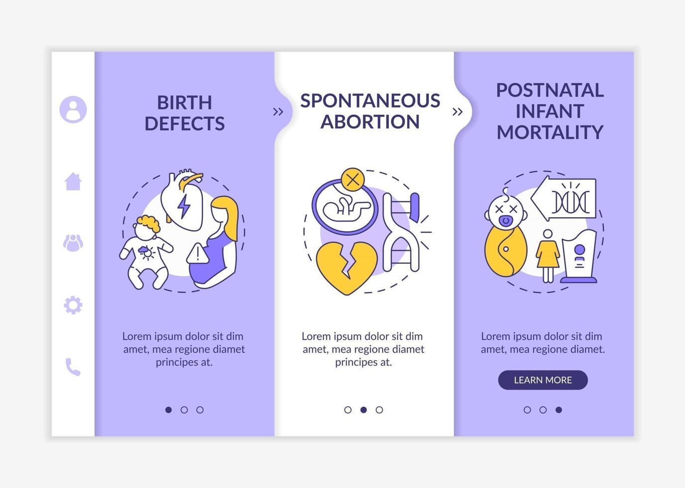 plantilla de vector de incorporación de defectos genéticos. sitio web móvil receptivo con iconos. Tutorial de la página web Pantallas de 3 pasos. Problemas de salud en el parto, concepto de color con ilustraciones lineales