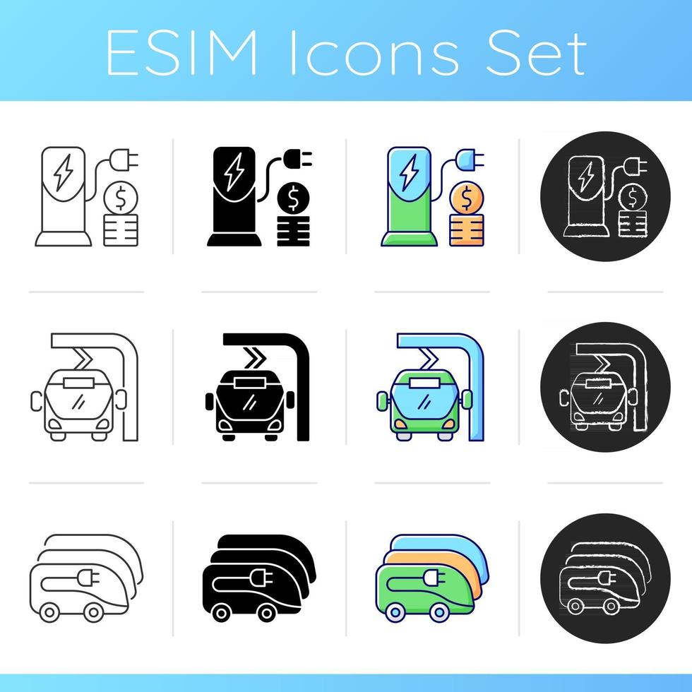 Electric vehicle charging icons set. Ecological way to travel for tourists. Natural fuel source. Charging ports. Linear, black and RGB color styles. Isolated vector illustrations