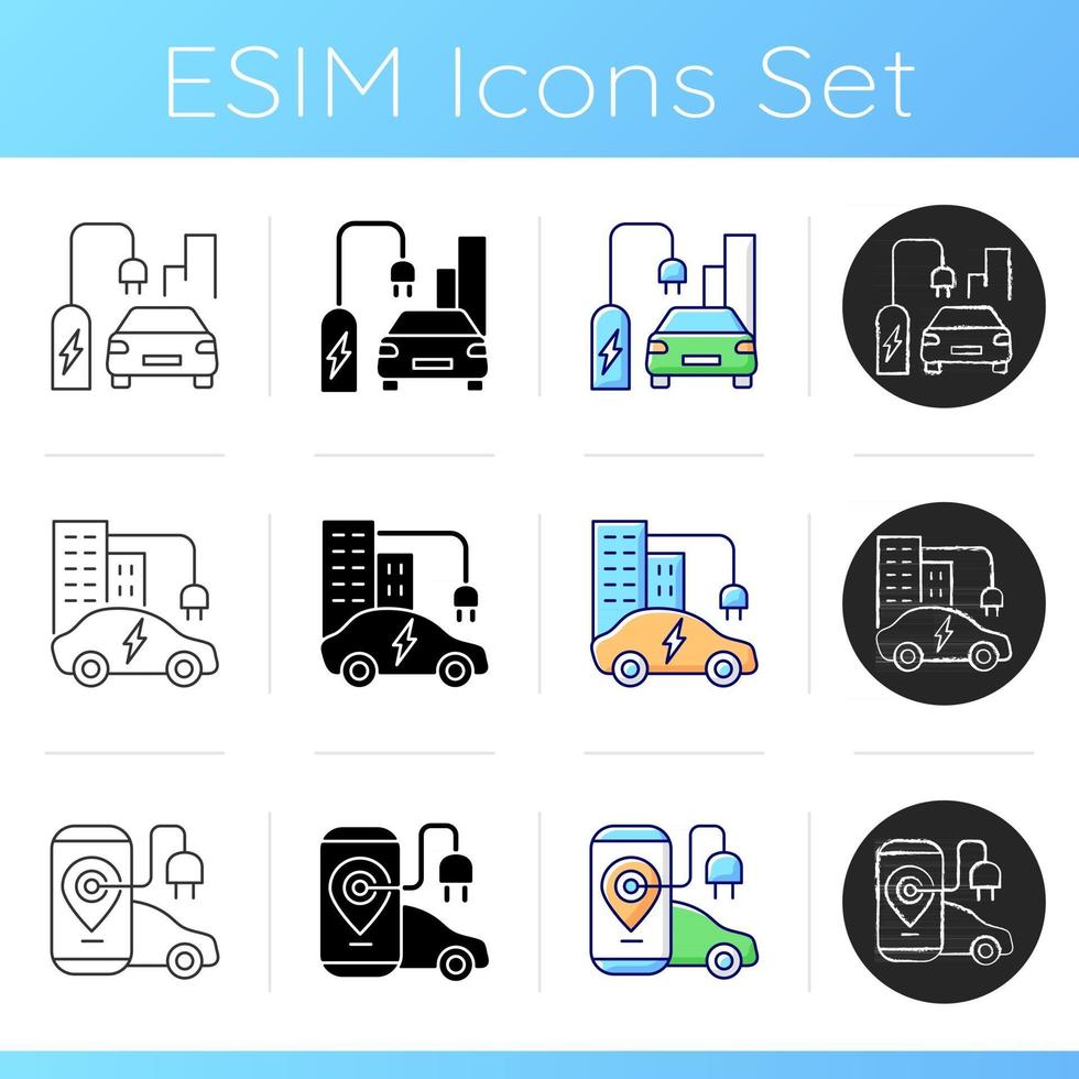 Electric vehicle charging icons set. Charging time of electromobiles. Money spent for electricity on charging stations. Linear, black and RGB color styles. Isolated vector illustrations