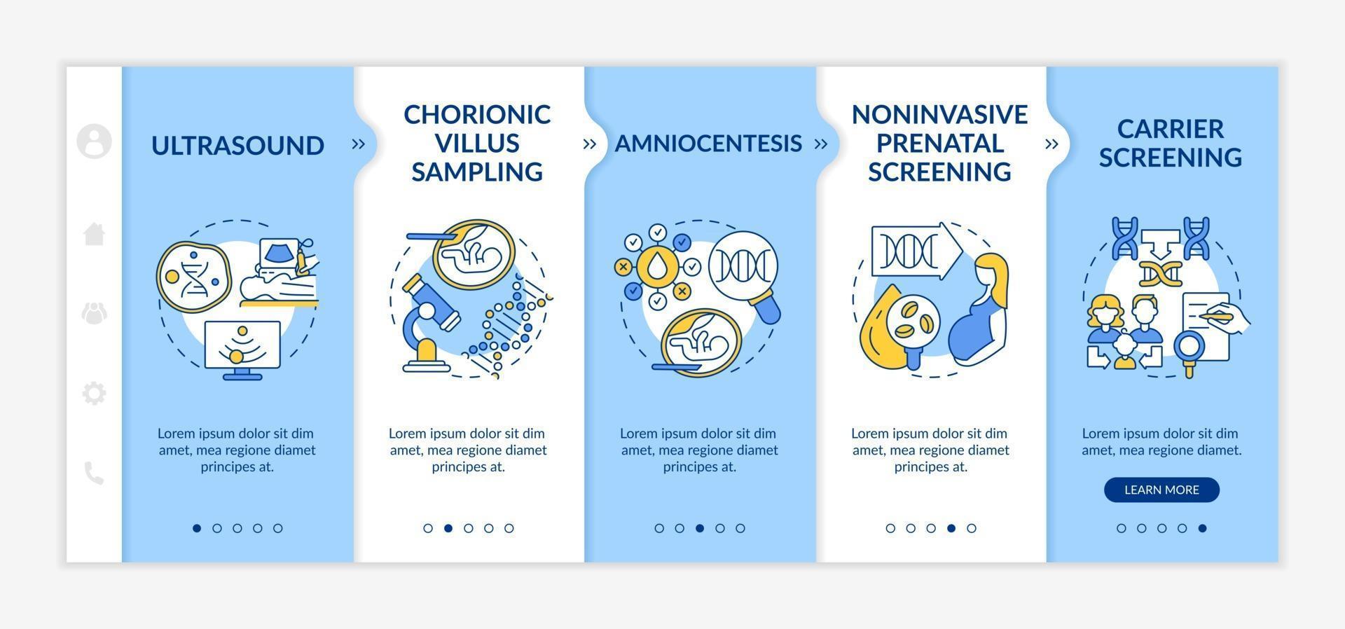 Genetic diseases diagnostics onboarding vector template. Responsive mobile website with icons. Web page walkthrough 5 step screens. Testing for illness color concept with linear illustrations