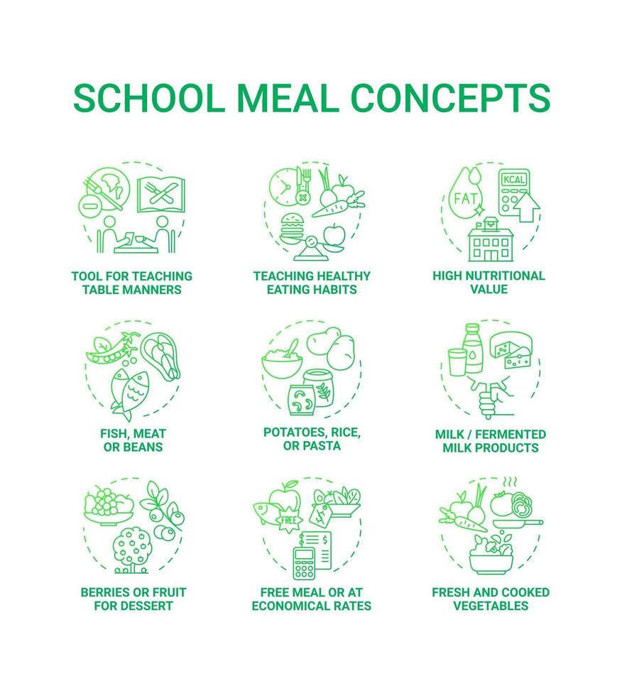 School meal concept icons set. Creating school eating plan full of nutritions and vitamins. Healthy foods preparing idea thin line RGB color illustrations. Vector isolated outline drawings