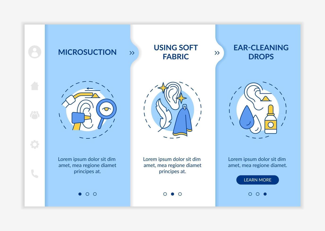 plantilla de vector de incorporación de métodos de limpieza de oídos. sitio web móvil receptivo con iconos. Tutorial de la página web Pantallas de 3 pasos. Gotas para limpiar los oídos, concepto de color de irrigación con ilustraciones lineales