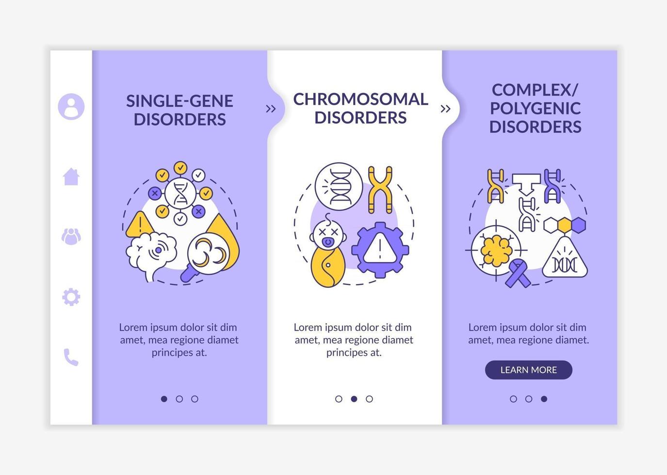 Different genetic disorders onboarding vector template. Responsive mobile website with icons. Web page walkthrough 3 step screens. Hereditary illness color concept with linear illustrations