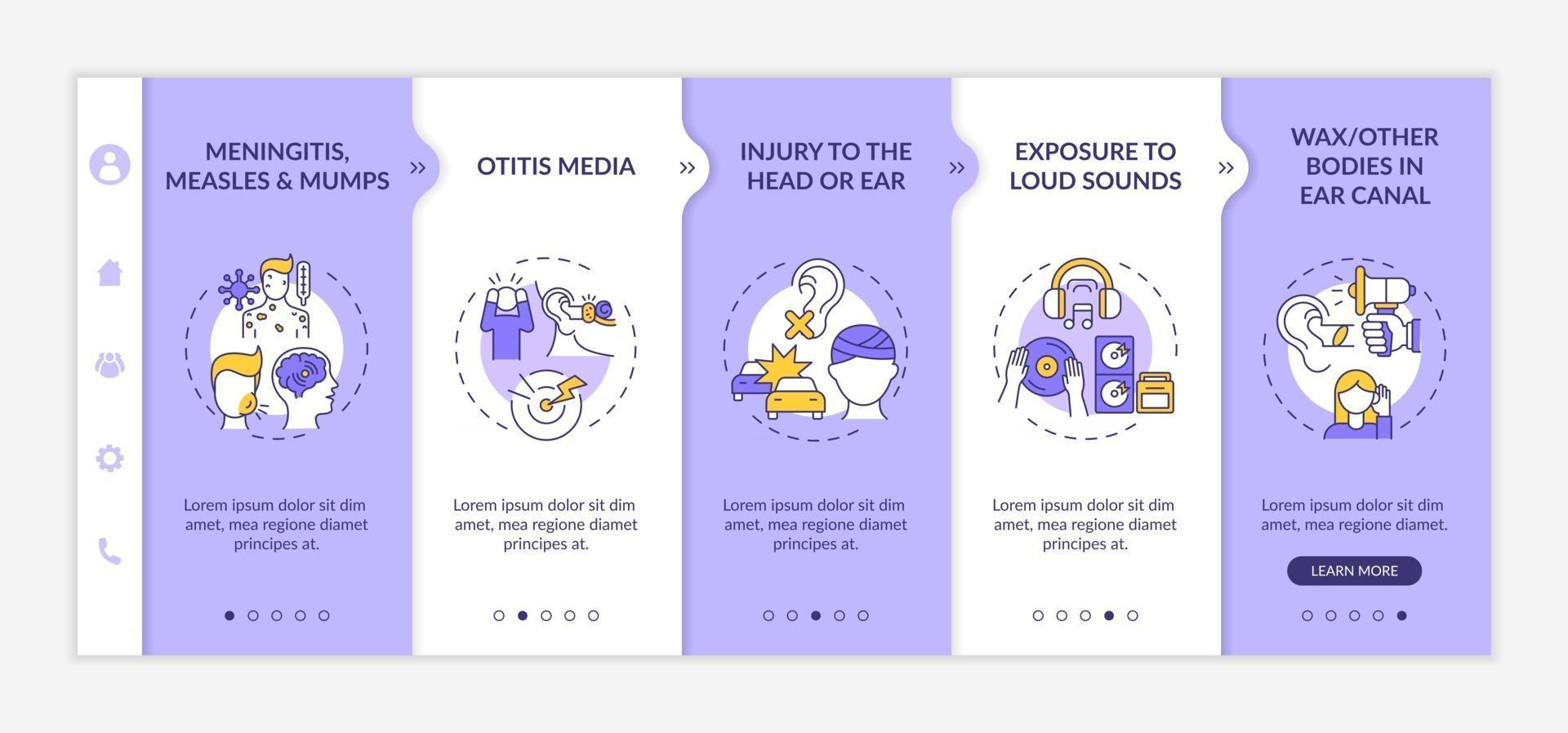 Acquired hearing loss factors onboarding vector template. Responsive mobile website with icons. Web page walkthrough 5 step screens. Mumps, measles, earwax color concept with linear illustrations