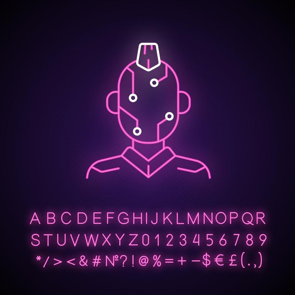 Face microcircuit neon light icon. High tech body augmentation. Cyberpunk movie, sci fi game. Outer glowing effect. Sign with alphabet, numbers and symbols. Vector isolated RGB color illustration