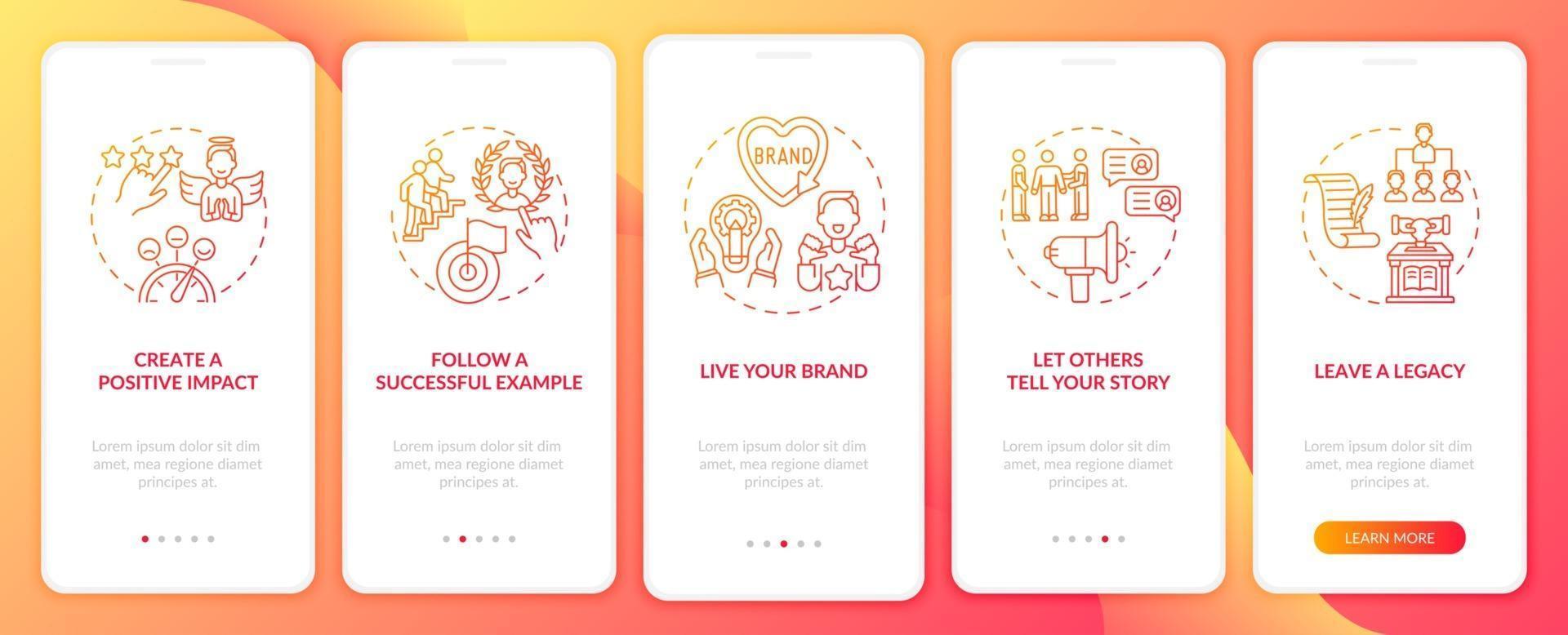 Personal branding tips orange onboarding mobile app page screen with concepts. Credibility growth walkthrough 5 steps graphic instructions. UI, UX, GUI vector template with linear color illustrations
