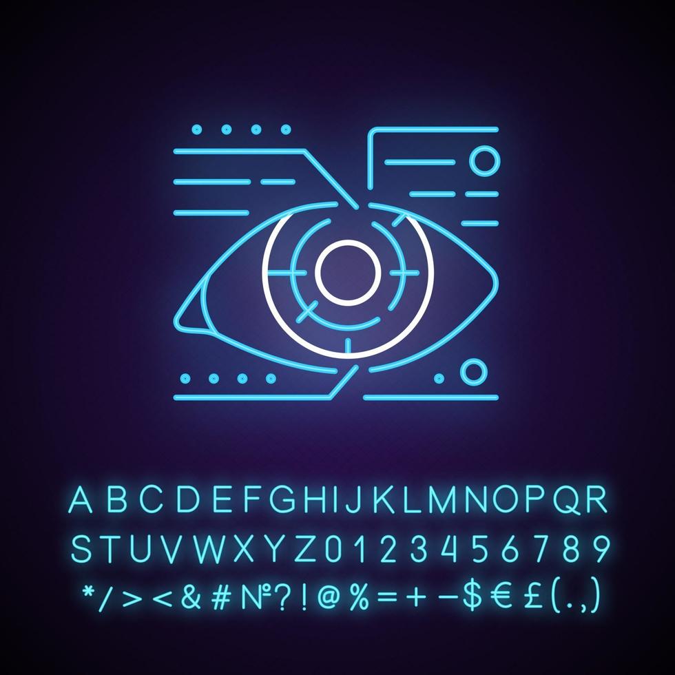 Lens microcircuit neon light icon. Android eye with specs info. Cyberpunk face augmentation. Outer glowing effect. Sign with alphabet, numbers and symbols. Vector isolated RGB color illustration
