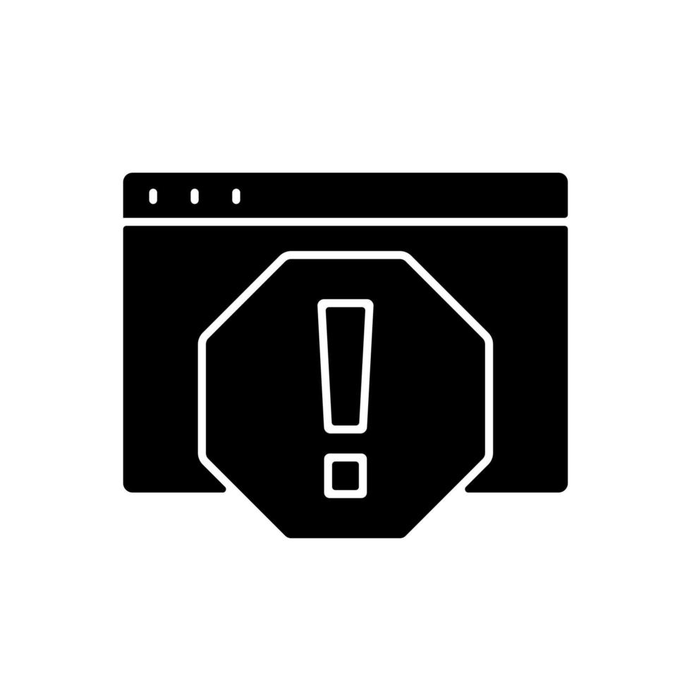 error de computadora icono de glifo negro. falla del sistema, ventana de mensaje para el monitor de la PC. peligro de seguridad cibernética. diagnósticos de problemas de software. símbolo de silueta en el espacio en blanco. vector ilustración aislada