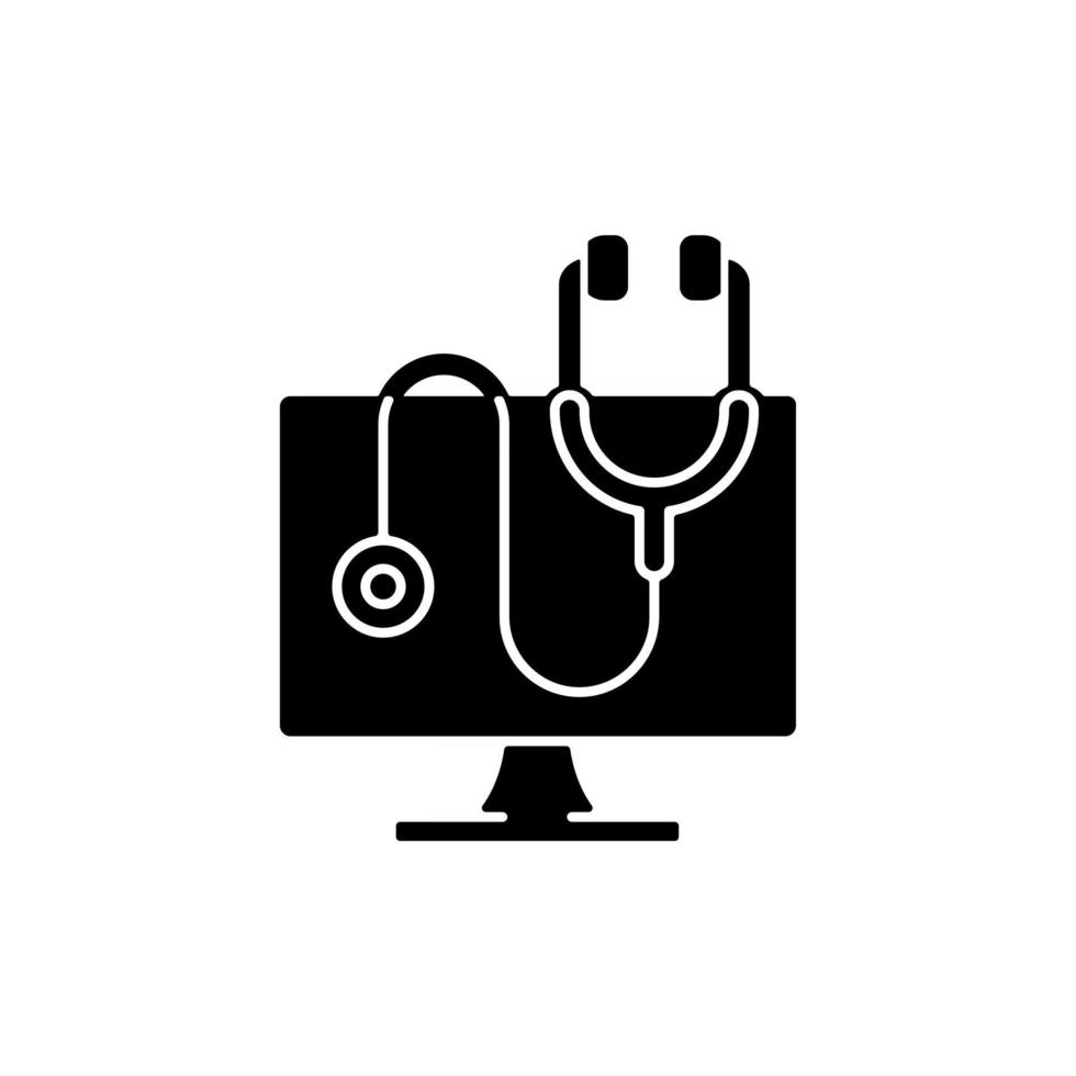 Computer diagnostics black glyph icon. Laptop problems scan. Fix electronics issue. Tech support, repair service. Online medical program. Silhouette symbol on white space. Vector isolated illustration