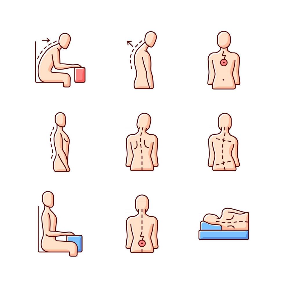 Back and posture problems RGB color icons set. Slouched position at desk. Roundback, hunchback. Spine natural curvature. Uneven hips and shoulders. Lower back pain. Isolated vector illustrations