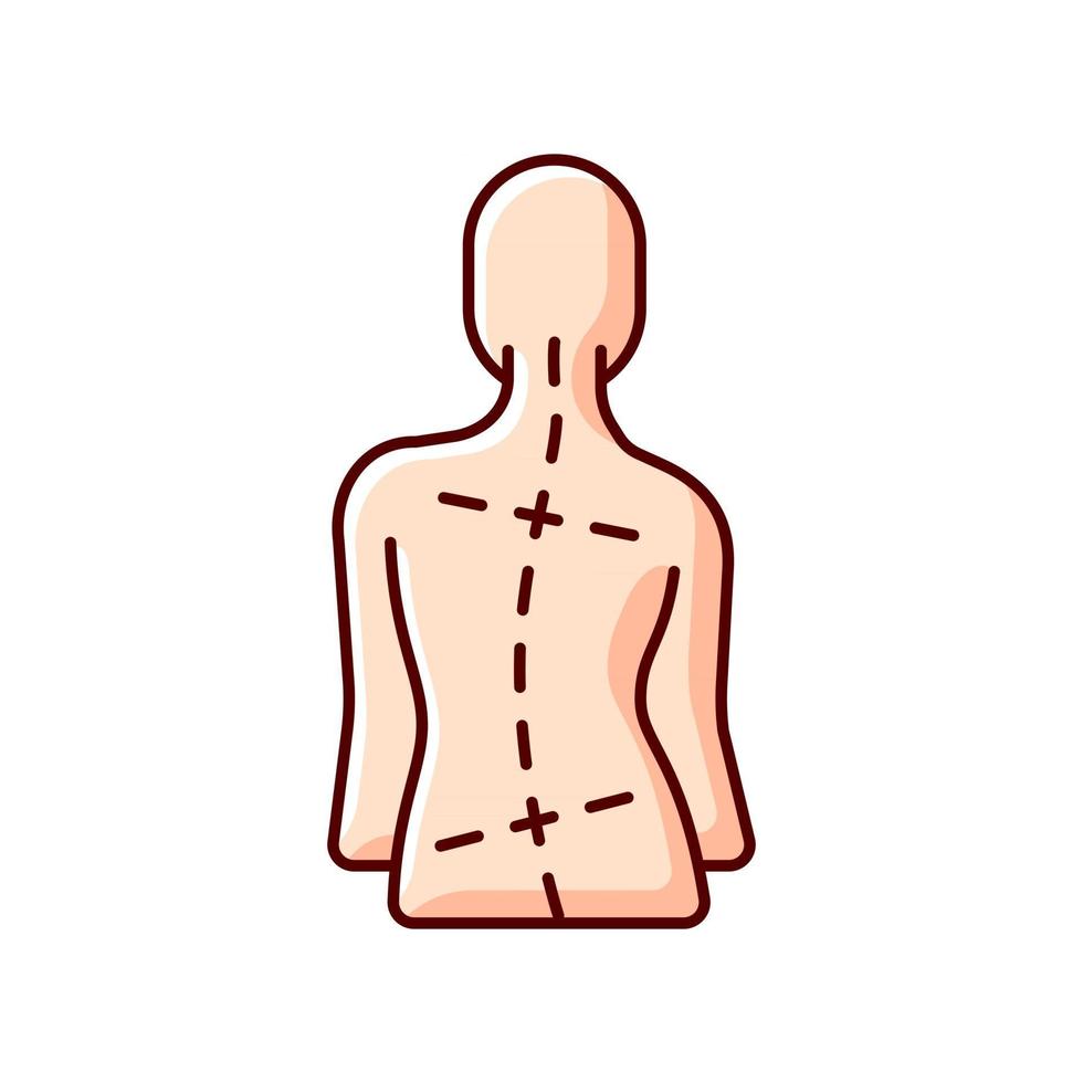 Uneven hips and shoulders RGB color icon. Abnormal curve in spine. Worsening scoliosis. Muscular imbalances. Difference in leg length. Unusual gait. Hip pain. Isolated vector illustration