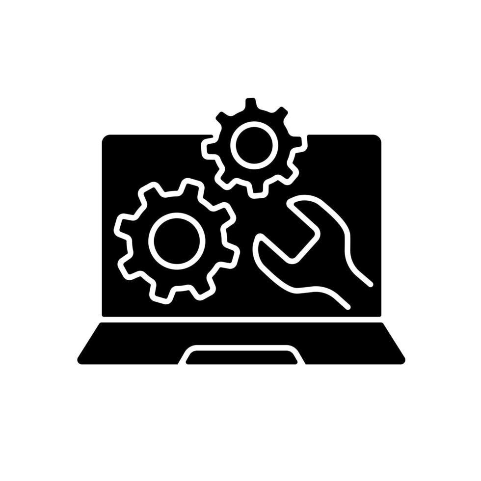 Computer repair service black glyph icon. Installing software on notebook. Upgrade system. Tech support for electronics. Laptop problems. Silhouette symbol on white space. Vector isolated illustration