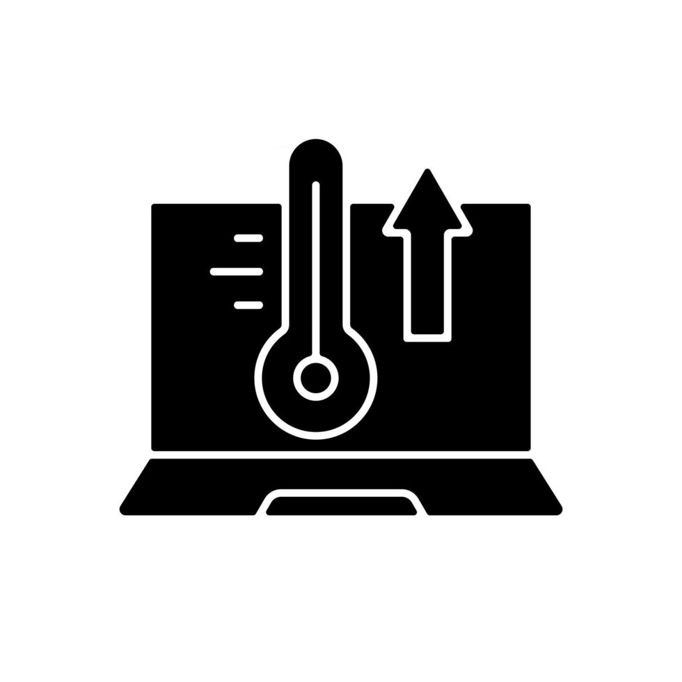 computadora sobrecalentamiento icono de glifo negro. alta temperatura del procesador. portátil caliente, problema con el sistema de refrigeración. problemas con la computadora portátil. símbolo de silueta en el espacio en blanco. vector ilustración aislada