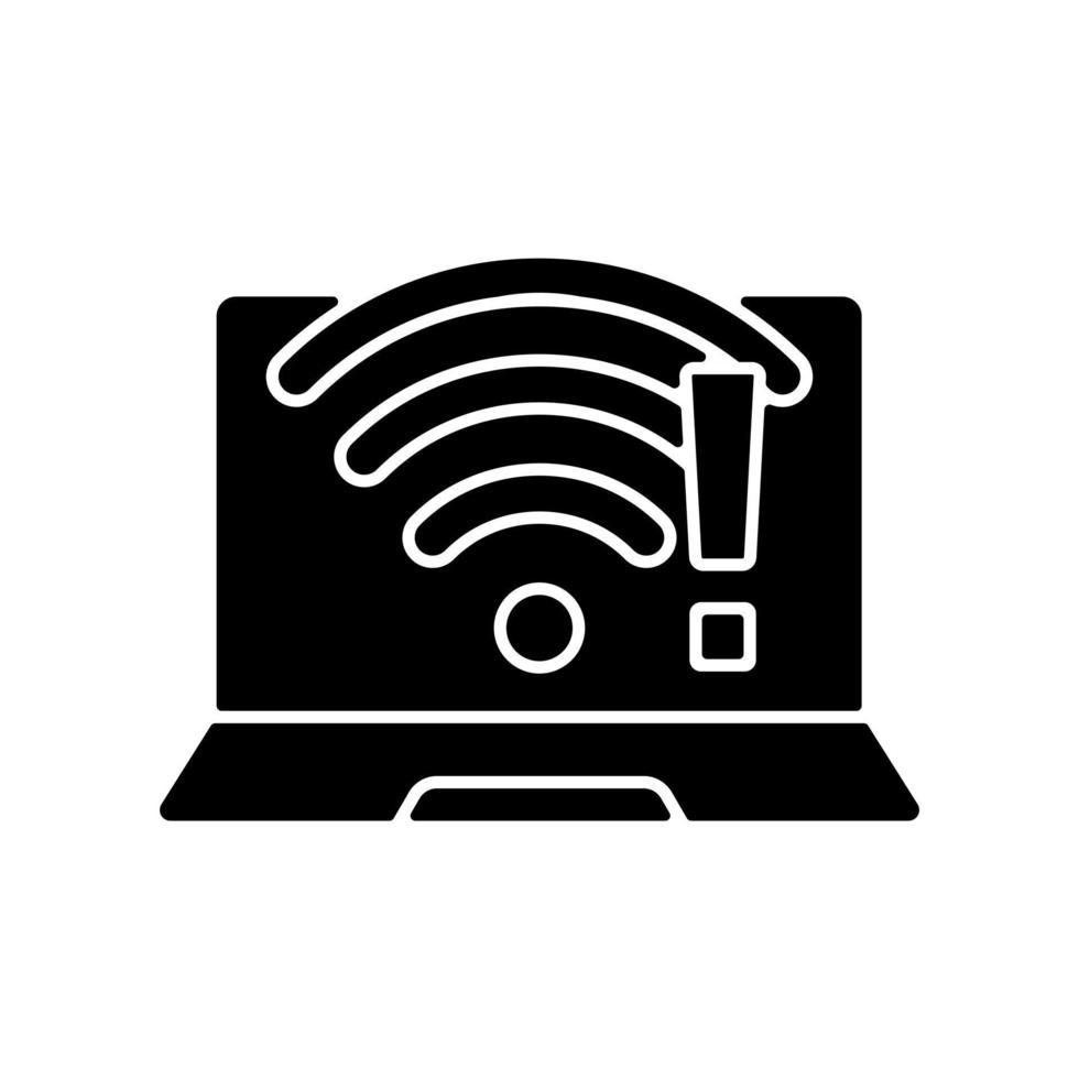 wi fi no funciona icono de glifo negro. Problema de conexión inalámbrica, señal débil. sin internet. síntoma de problema de software. problemas con la computadora portátil. símbolo de silueta en el espacio en blanco. vector ilustración aislada