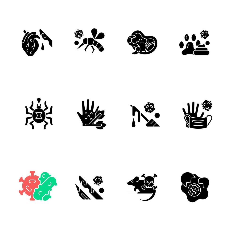 iconos de glifos negros de riesgo biológico en espacios en blanco. insectos que transportan sangre infectada. propagación peligrosa del virus. desechos de partes del cuerpo humano. cuidado de la salud. símbolos de silueta. vector ilustración aislada