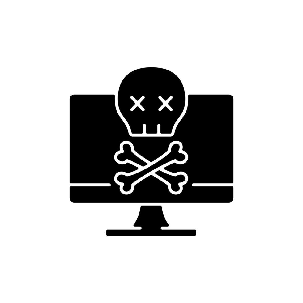 Computer not starting black glyph icon. Fatal system error. PC crash, software failure. Broken technology. Laptop problems. Silhouette symbol on white space. Vector isolated illustration