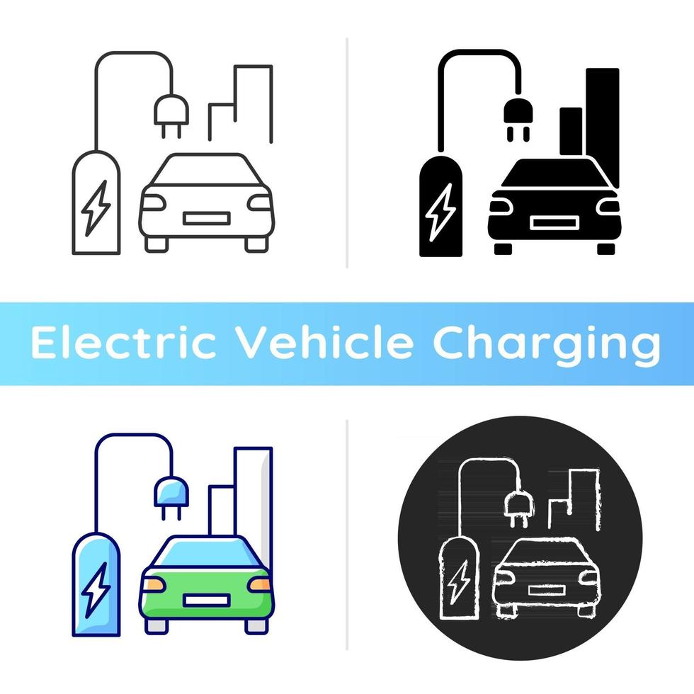 On street residential EV charging icon. Charging stations for electromobiles on streets. Place to charge car battery. Linear black and RGB color styles. Isolated vector illustrations