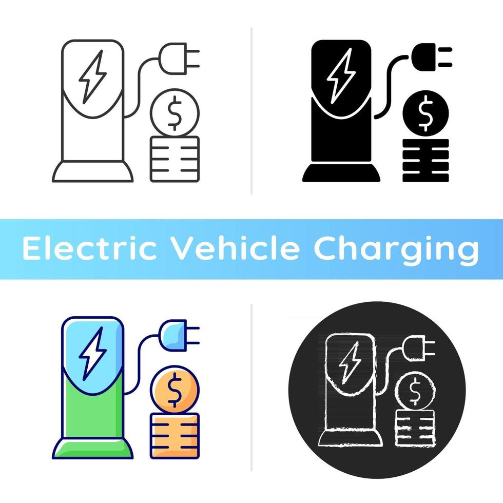 Charging cost icon. Amount of money payed for charging battery of electromobile. Natural fuel. Ecological way of traveling. Linear black and RGB color styles. Isolated vector illustrations