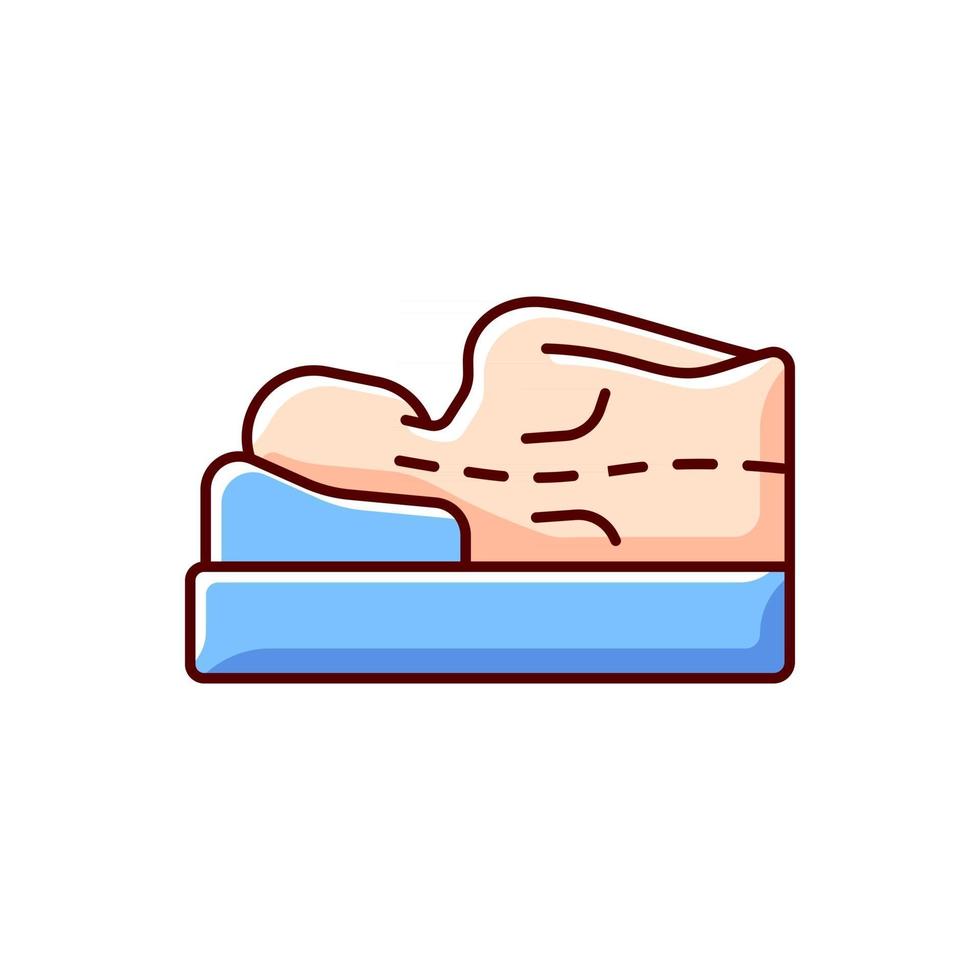 Incorrect sleeping position RGB color icon. Unnatural, unnecessary curves in spine. Putting pressure on nerves. Stress on spine. Decreased blood circulation to heart. Isolated vector illustration