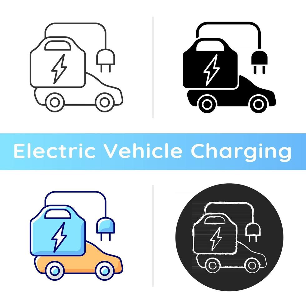 Portable EV charger icon. Charging station for electromobiles which can be transported. Fueling car in any place. Linear black and RGB color styles. Isolated vector illustrations