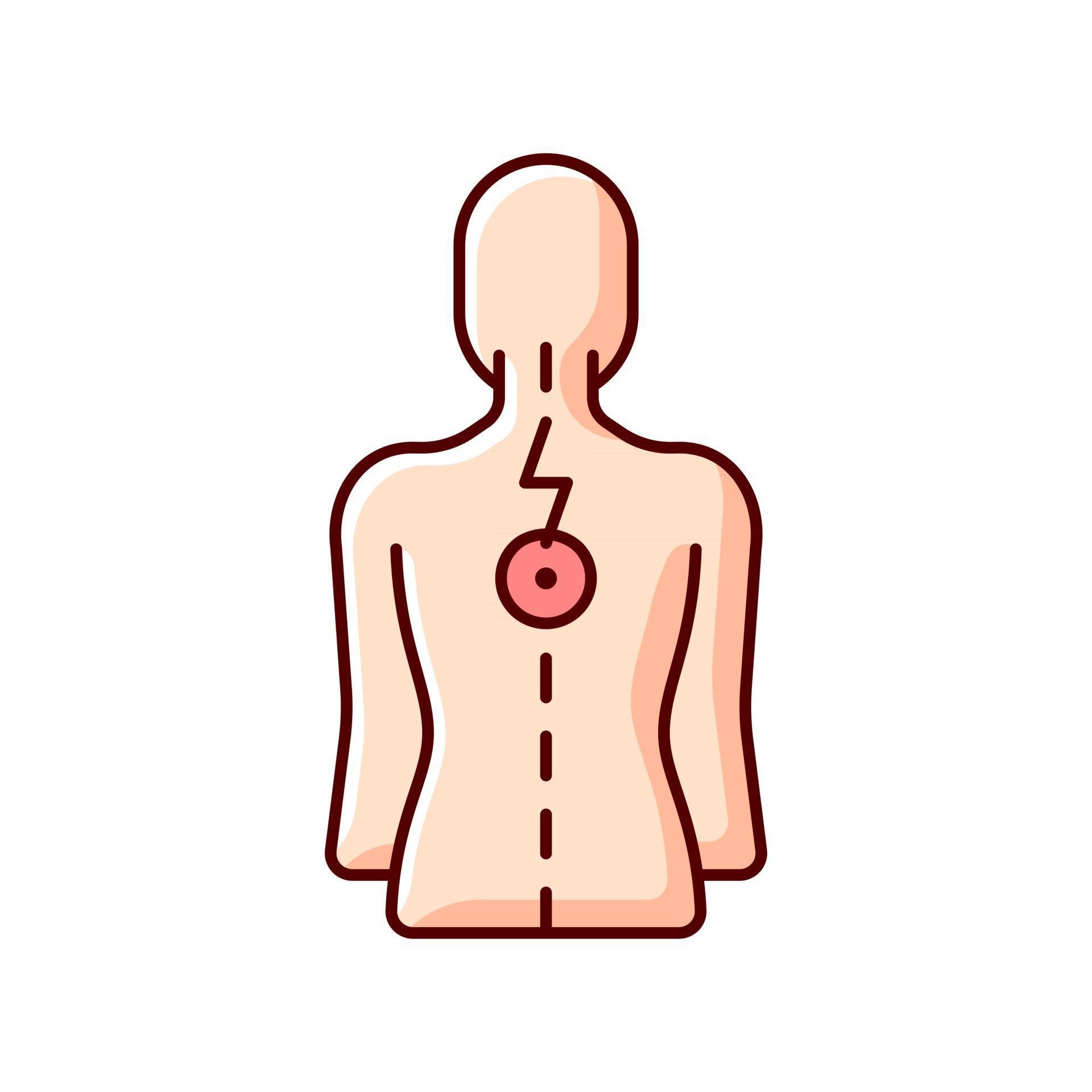 Pressure on spinal nerves RGB color icon. Muscle spasms. Pain between shoulder blades. Numbness, tingling. Damage to spinal cord. Vertebrae dislocation. Upper back pain. Isolated vector illustration