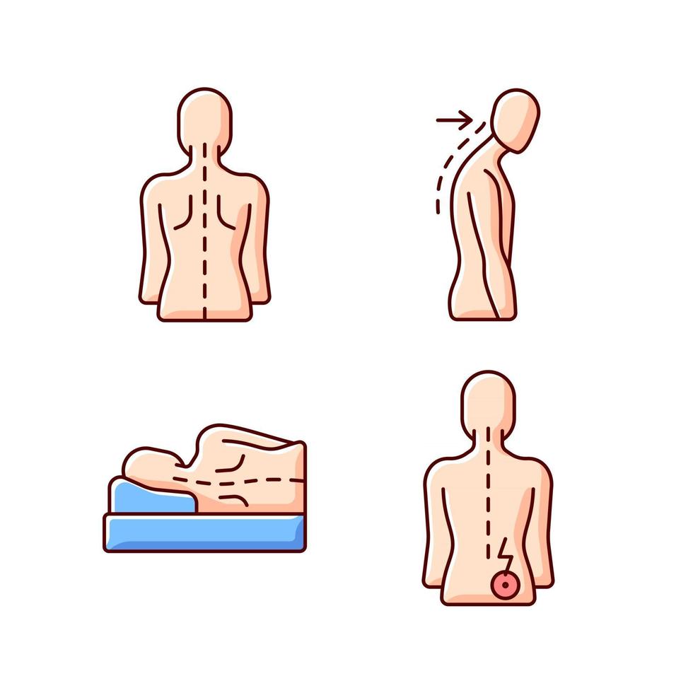 Poor posture problems RGB color icons set. Normal spine. Slouching. Side-lying sleeping position. Hip pain. Good spinal anatomy. Forward head. Pain-free sleep. Isolated vector illustrations