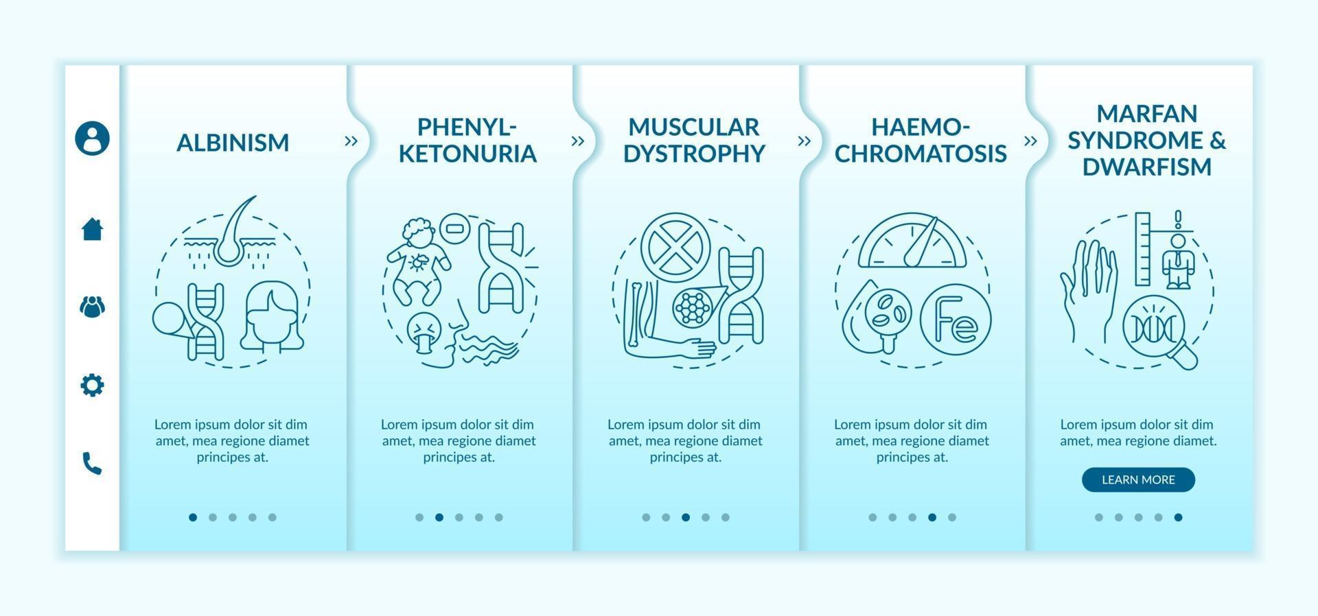Various genetic disorders onboarding vector template. Responsive mobile website with icons. Web page walkthrough 5 step screens. Inherited physical condition color concept with linear illustrations