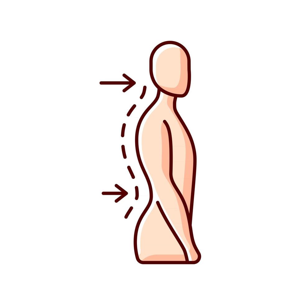 Lumbar lordosis RGB color icon. Excessive inward spine curve. Saddleback appearance. Difficulty with coordination. Exaggerated posture. Abnormal development. Isolated vector illustration