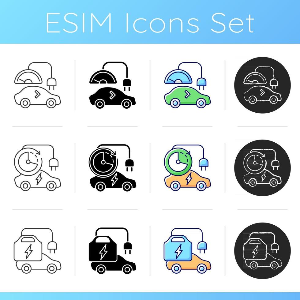 Electric vehicle charging icons set. Places where you can fill up battery of electromobile. Paying money for electricity. Linear, black and RGB color styles. Isolated vector illustrations