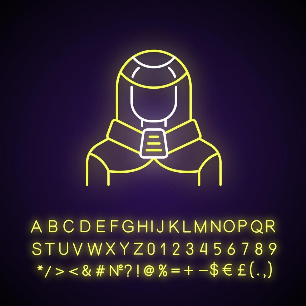 Protection suit neon light icon. Robotic person, cyborg. Human in cyberpunk costume. Outer glowing effect. Sign with alphabet, numbers and symbols. Vector isolated RGB color illustration