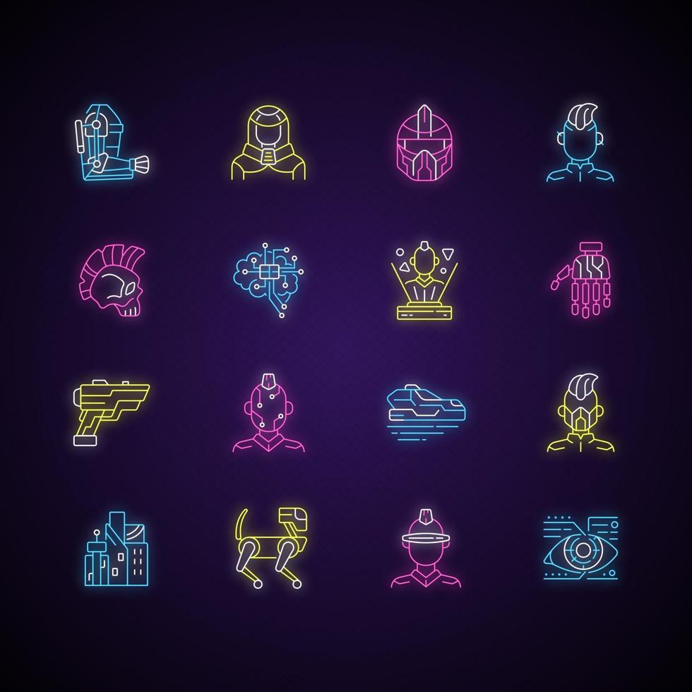 Cyberpunk neon light icons set. Science fiction. Futuristic technology. Body augmentation. Cyber punk city, person. Signs with outer glowing effect. Vector isolated RGB color illustrations