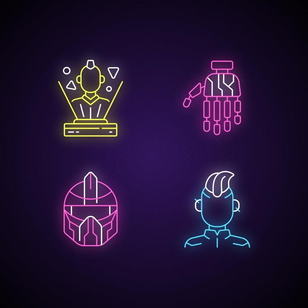 Human body cyberpunk augmentations neon light icons set. Bionic limb. Hologram, sci fi game. Futuristic helmet, technology. Signs with outer glowing effect. Vector isolated RGB color illustrations
