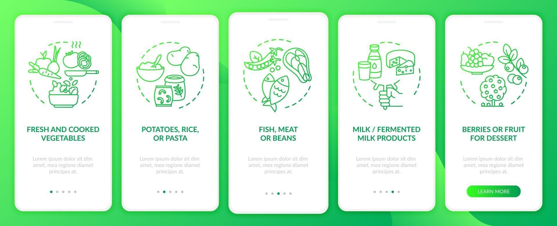 Healthy school eating onboarding mobile app page screen with concepts. Fish and meat walkthrough 5 steps graphic instructions. UI, UX, GUI vector template with linear color illustrations